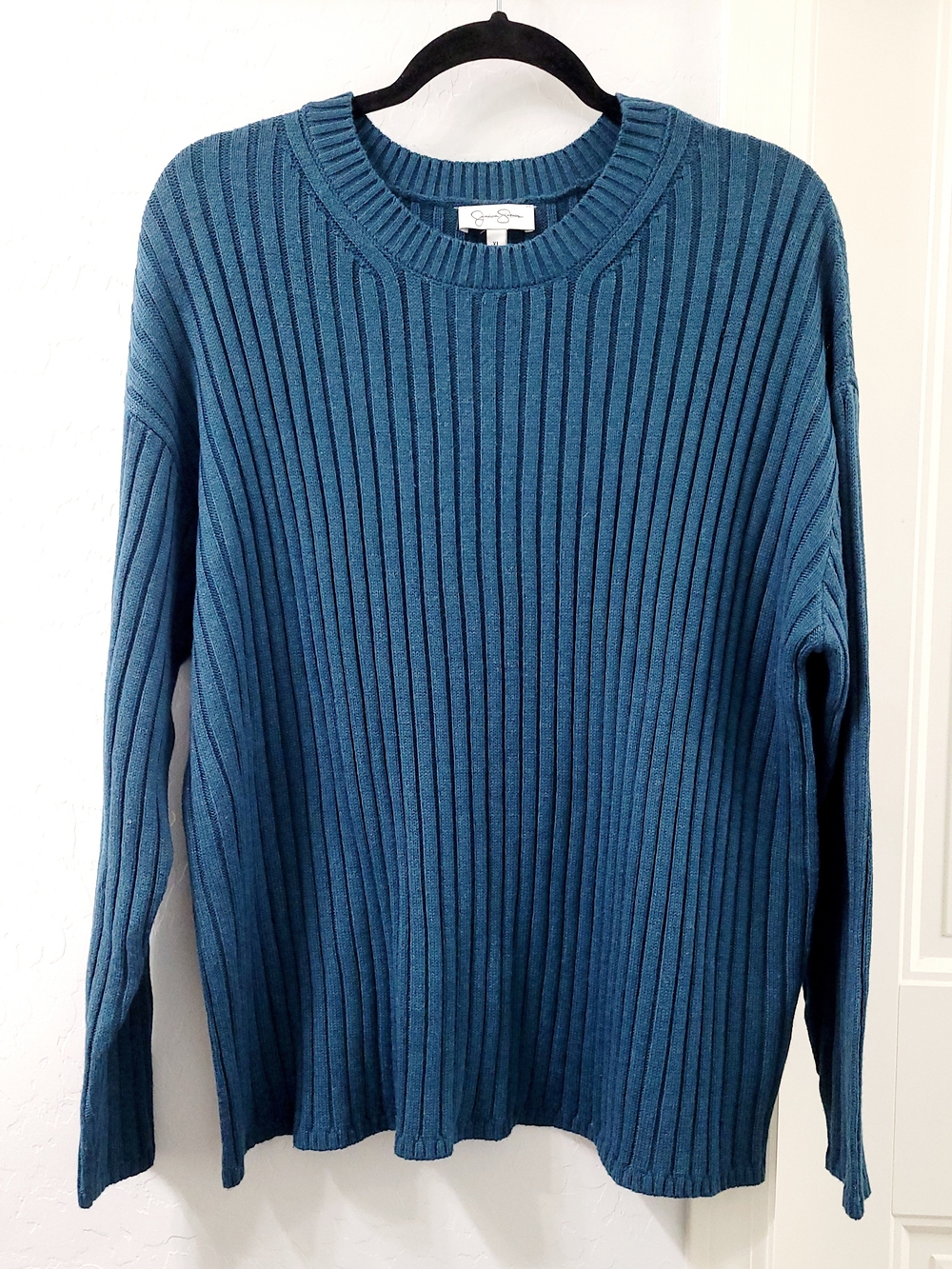 Jessica Simpson Womens Teal Blue Ribbed Crewneck Sweater